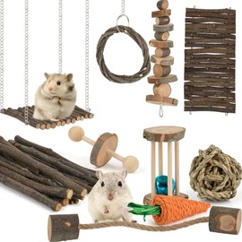 TMBMLPP 10pcs Hamster Chew Toys Set, Small Animal Teething Toys, Dwarf Hamster Toys, Guinea Pig Chew toys, Boredom Breaker Cage Accessories - Wood Sticks Ladder Bell Roller, for Rat Gerbil Guinea Pigs