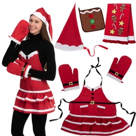 JOYIN 6 PCS Santa Lady Apron Christmas Kitchen Linens Accessories Set – Christmas Santa Apron, Hat, Cooking Chef Towel, Oven Mitts, Potholder, for Christmas Party Costume Supplies