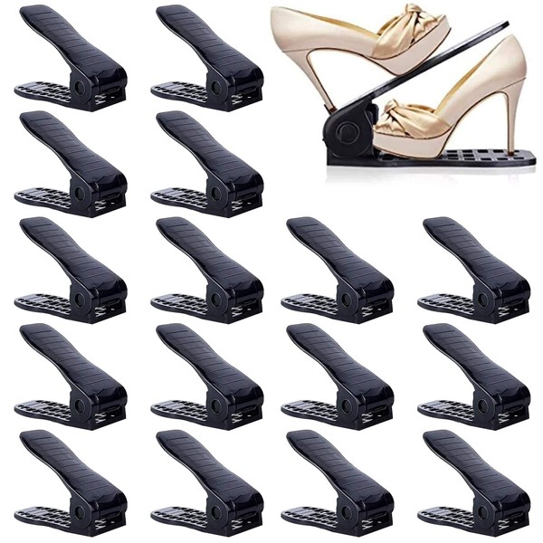 YIHATA Shoe Slots Organizer, Adjustable Shoe Stacker Storage Space Saver, Double Deck Shoe Rack Holder for Closet Organization, Thickening Quality Upgrade (16Pack, Black)