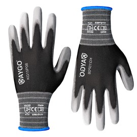KAYGO Work Gloves PU Coated 12 Pairs, KG15P,Nylon Liner with Flexible Polyurethane Coating,Safety Work Gloves for DIY, Assembly, Warehouse, Light Duty Work (M, Black)
