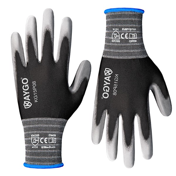 KAYGO Work Gloves PU Coated 12 Pairs, KG15P,Nylon Liner with