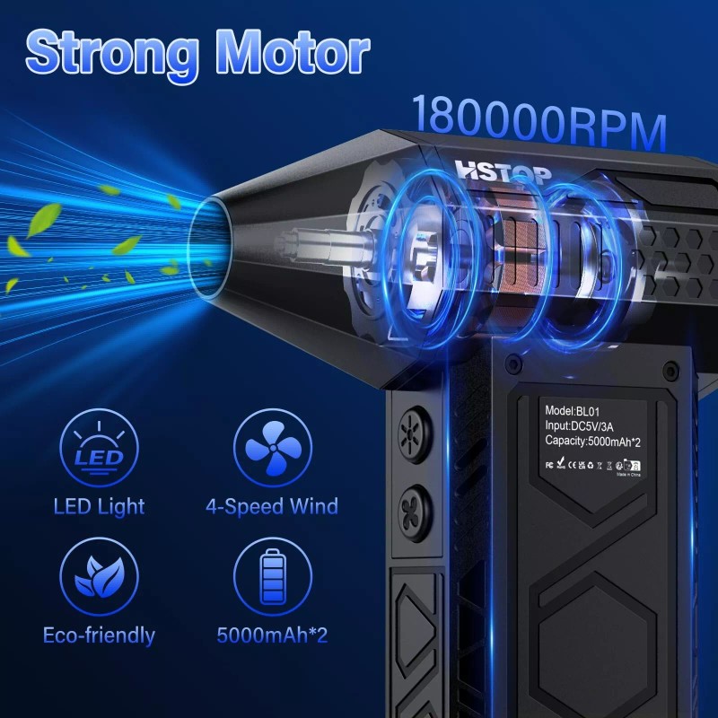 HSTOP Turbo Air Duster with Flashlight, 180000 RPM, 10000mAh Battery,High-S