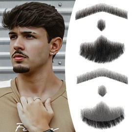 Wodelanle Fake Beard Realistic Mustache 100% Human Hair Full Hand Tied Facial Hair Black Fake Mustache Goatee Lace Invisible Fake Beards for Entertainment Party Drama Movie Makeup