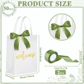 party greeting 50 Pack Non-woven Welcome Gift Bags with Handles White Wedding Bags with 2 Rolls of Sage Green Ribbon Party Favor Bag Suitable for Parties Birthdays Weddings