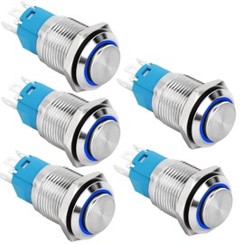 RUNCCI-YUN 12-24 V 3A 16 mm 4 Pin Waterproof Metal Push Button Momentary Button with Blue Ring LED Light Round Push Button for Cars, Trucks, Ships, Doorbells, Ignition Systems (Protruding)