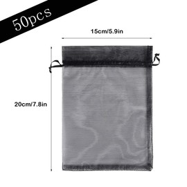 Premium Sheer Organza Bags, 50Pcs 15x20cm Black Organza Gift Bags, Wedding Favour Bags with Drawstring, Medium Mesh Jewelry Pouches for Wedding Party Festival Game(Black)