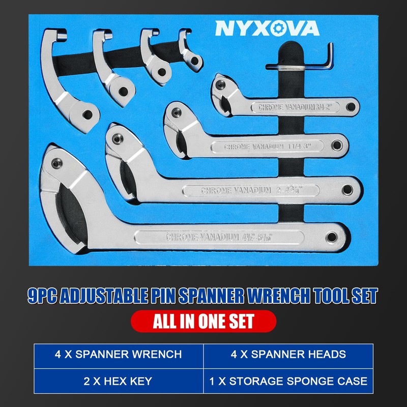 NYXOVA 9pcs Adjustable Pin Spanner Wrench Tool Set, C Pin