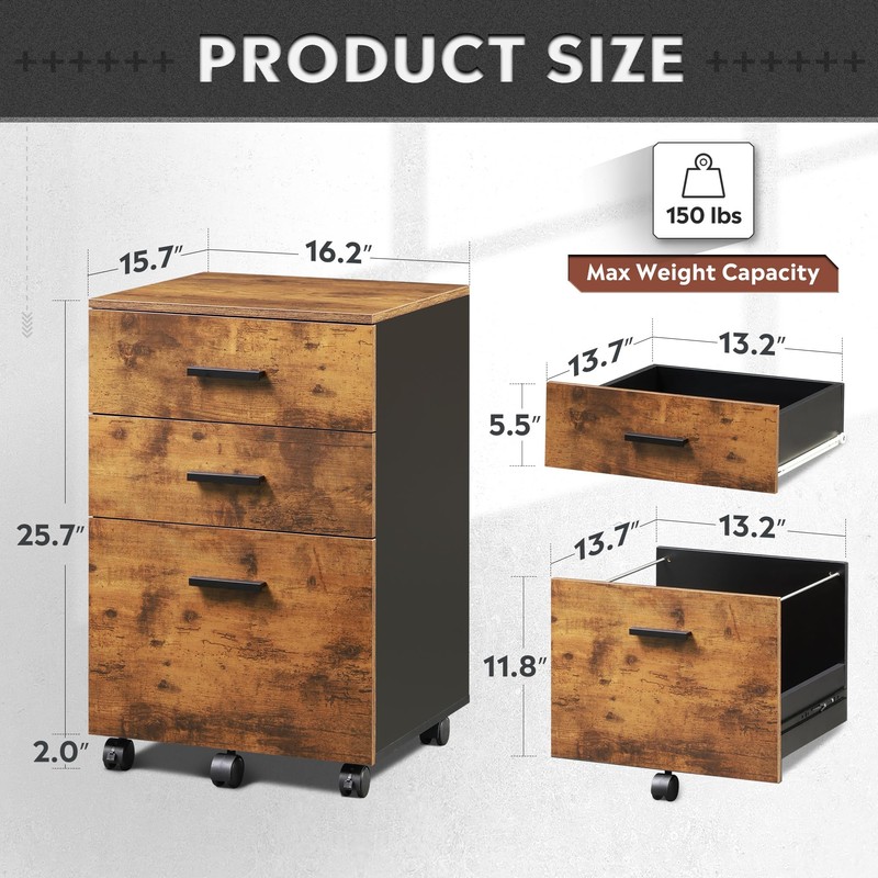 DEVAISE 3 Drawer Wood Mobile File Cabinet, Rolling Filing Cabinet