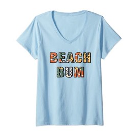Womens Beach Bum Summer Vacation Vintage Leopard Print Y2K Granola V-Neck T-Shirt