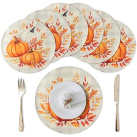 WATINC Autumn Pumpkin Fall Placemats - 6pcs Autumn Round Place Mats Set, Thanksgiving Harvest Circle Placemat, Buffalo Plaid Leaves Table Plate Mat for Kitchen Dinner Dining Party Decor (15 inch)