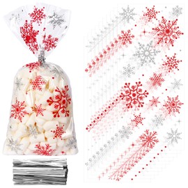 JarThenaAMCS 150Pcs Christmas Cellophane Treat Bags Xmas Snowflake Candy Cookie Bags Plastic Goodie Bags with Twist Ties for Christmas Winter Birthday Party Supplies