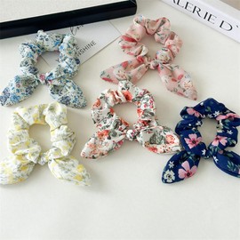 Jewemia 5Pcs Hair Scrunchies for Women Bow Hair Ties Bunny Ear Scrunchies Bulk Bowknot Ponytail holder for Thick Hair Cute Hair Accessories for Women and Girls (Flower-1)
