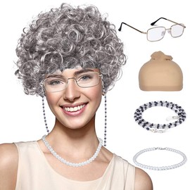 FAYBOX- Peluca de anciana, peluca de disfraz de abuela con rulos para Halloween, cosplay, fiesta de disfraces