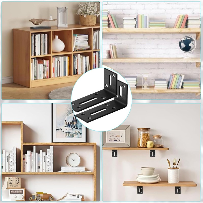 Angle Slotted Hole, Pack of 6 Black Metal Brackets, Mounting