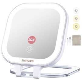 Shinowa Rechargeable Travel Makeup Mirror with 44 LED Lights, 1X/30X Magnifying Vanity Mirror with 3 Color Light, Folding Stand, 4 Inch Portable Dimmable Double Sided Compact Lighted Mirror, White