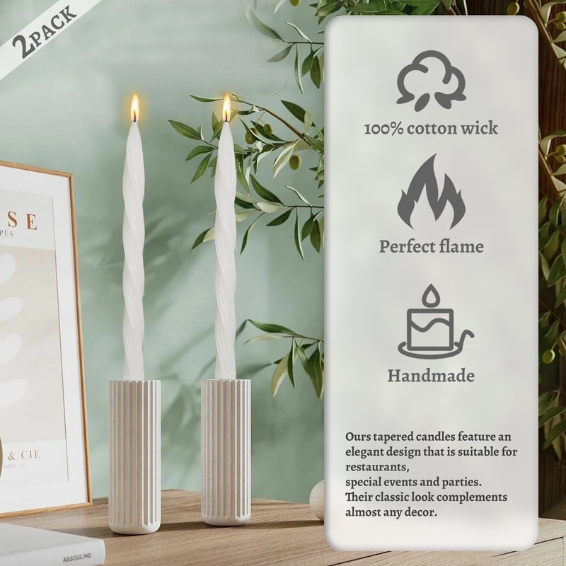 Handmade Unscented Long Spiral Taper Candle White 10 Inch Smokeless