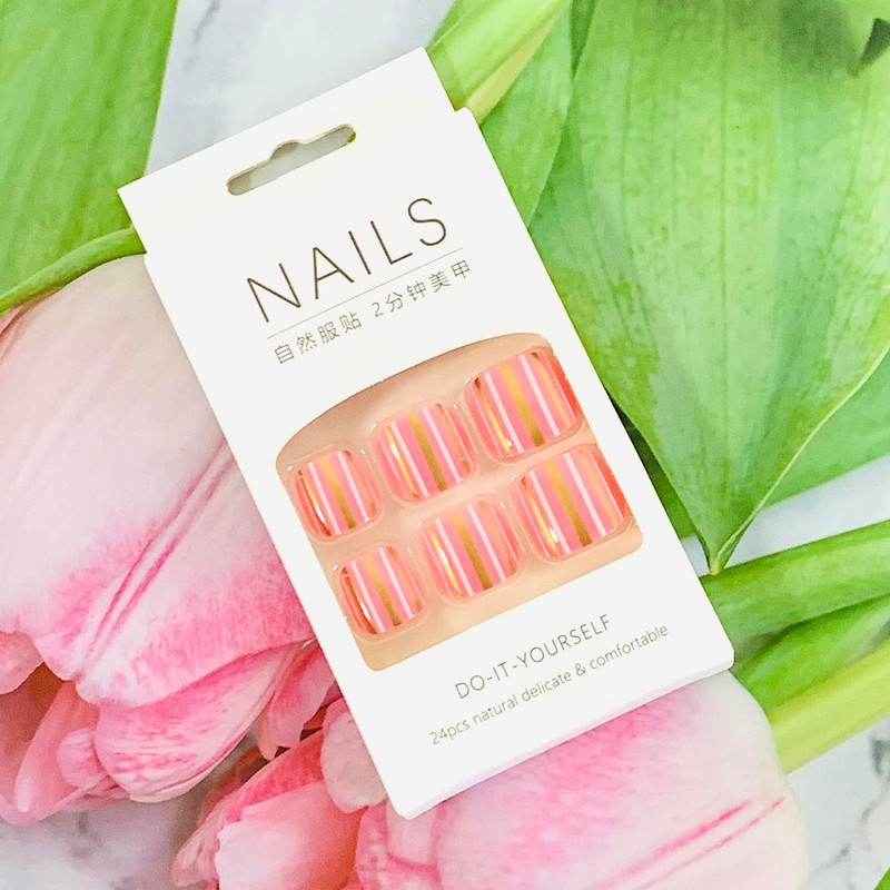 Vezocim Press on Toenails with Gold White Line Designs, 24Pcs