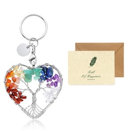 SwirlColor Tree of Life Keyring, Beautiful Heart Shape 7 Chakra Healing Crystal Tree of Life Keychain Gemstone Lucky Pendant Keyrings for Women Men Couple Friends, with A Card