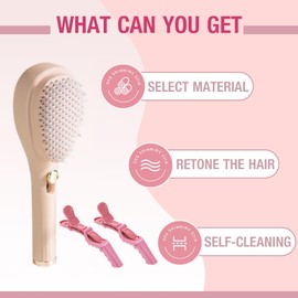 Telescopic Self Cleaning Hair Brush with Two Hair Clips, One Click Comb Anti Static Massage Eliminates Knots Detangling for Wet and Dry All Hair Types (Beige)