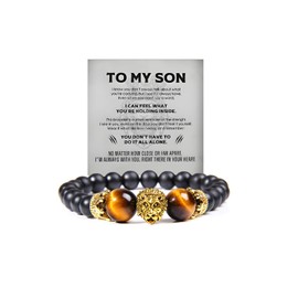 LIU JUN The Guardian - Son's Tiger Eye Protection Bracelet From Dad, Love You Forever Lion Crown Black Beaded Natural Stone Mens Gift Jewelry (Lion Crown Gold)