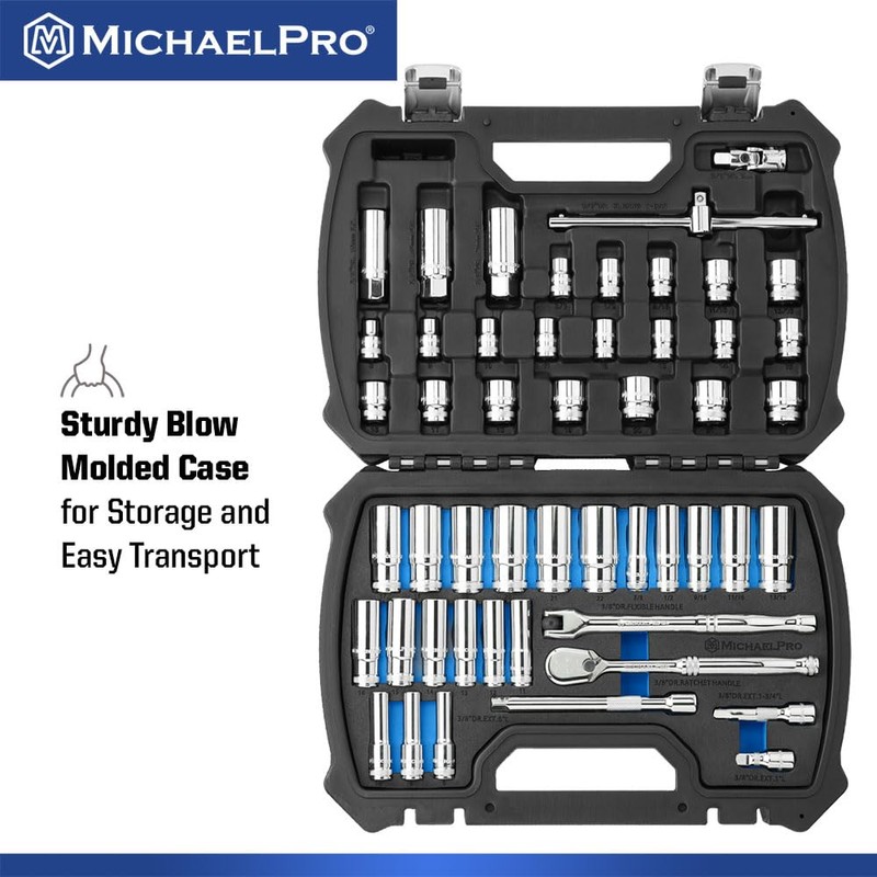 MichaelPro 50-Piece 3/8" Drive 90 Tooth Deep Socket Set, Premium