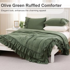 Olive Green Comforter Set Queen Boho Bedding Set Shabby Chic 2 Layers Ruffled Bedroom Home Decor Ultra Soft Microfiber Farmhouse Down Comforter Bohemian Quilt Set