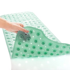 TEESHLY Bath Tub and Shower Mats, Non-Slip 39 x 16 Inch Extra Long Bath Mat, Machine Washable Bathtub Mat with Drain Holes, Suction Cups for Bathroom (Opaque Pale Green)