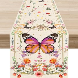 Butterfly Mushroom Floral Table Runner, Moon Phases Colorful Plants Spring Summer Table Center Decor for Home Kitchen Dining Party Indoor Outdoor Decoration 13x36 Inch.