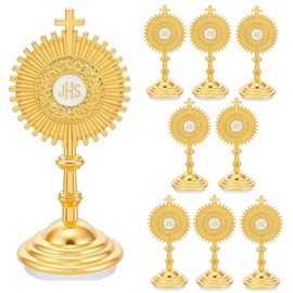 GLASSWINDS 8 Pcs Gold Standing Cross Decor, Catholic Monstrance Statues Table Desk Decor, Standing Crucifix Catholic Home Decor, Jesus Religious Baptism Favors for Guests, First Communion Gifts