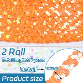Sequin Ribbon Trim 24 Yards Flat Glitter Ribbon, 2 Rolls Sequins Beaded Lace Trim for Sewing, 0.8 Inch Sequin Ribbon Trim for DIY Crafts, Clothing, Headband, Embellishments (Orange)