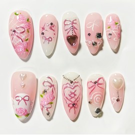 24Pcs Pink Press on Nails Medium Almond Fake Nails with 3D Heart Rhinestones Designs Silver Diamond Bow Stick on Nails Rose Flower Charms Full Cover Glue on Nails False Nails Glue on Nails for Women