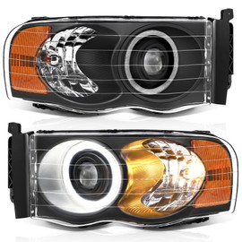 ALZIRIA 500% Brighter Headlight Assembly Fit For 2002-2005 Dodge Ram With LED DRL Projector 02-05 Ram 1500 & 03-05 Dodge Ram 2500/3500 Pickup (Black Housing Amber Reflector)