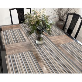 CK Home Beige Multi Stripe Runner & 4 Placemats Set of 5, Woven Vinyl Table Mats for Indoor/Outdoor, Durable, Washable.