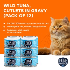 Pure Cravings Wet Cat Food Canned Tuna Cutlets in Gravy, 100% Mercury-Tested, Moist Can Fish for Cats, Grain-Free, Protein, Non-GMO, Pack of 12