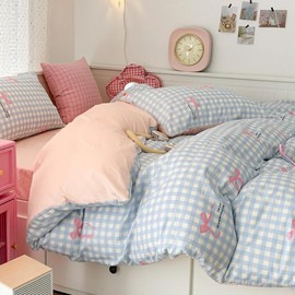 Covebett Bed Linen 135 x 200 cm Checked Blue with Pink Bows Girls Duvet Cover 2-Piece Aesthetic Blue White Checked Soft Microfibre Single Bed Duvet Cover with Zip and Pillowcase 80 x 80 cm