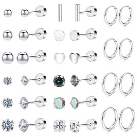 Versatile 8 Pairs Titanium Earrings for Sensitive Ears - Dot Ball Opal Cubic Zirconia, 20 Gauge, Pure Titanium Stud and Hoop Earrings Set - G23 Titanium Earrings with Flat Back for Women (D-Silver Tone-16Pairs)