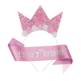 Pejlnd 7th Birthday Decorations for Girls,Pink 7th Birthday Sash and Tiara 7 Year Old Girls Gifts,Flower Princess Crown Hairband and Glitter Sash for Little Girl Party Supplies