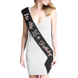Sweet 16 Decorations - Glitter & Rhinestone It's My 16th Birthday! Premium Satin Sash - 16th Birthday Party Supplies - Black