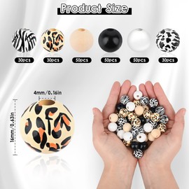 240 Pieces Leopard Cow Zebra Wood Beads Set 16mm Black White Wooden Beads Jungle Print Round Craft Beads for Woodland Party Decoration DIY Jewelry Making