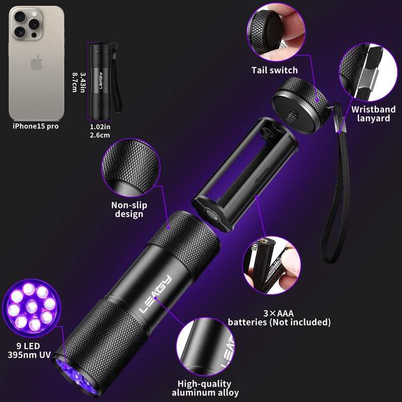 LEAGY 6 Pack UV Ultra Violet Blacklight 9 LED Flashlight