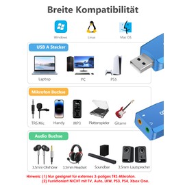 MillSO External USB Sound Card with Internal Recording Function, Portable USB to 3.5 mm Headphone Microphone Adapter for PC, Computer, Recording, Composition, Streaming, Podcasting, Vocals - Blue