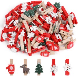 FOIMAS 60pcs Christmas Wood Clips Craft Clothspins Christmas Tree Snowflake Elk Gloves Clothespins DIY Photo Pegs Hanging Clips for Christmas Craft Home Decoration Supply