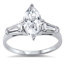 Sterling Silver Baguette Accent Marquise CZ Solitaire Engagement Ring 14MM (Size 5 to 10), 5