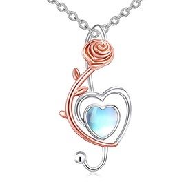 VONALA Music Note Necklace 925 Sterling Silver Treble Clef Pendant Necklace Heart Moonstone Jewellery Gifts For Women Girls (Music Note)