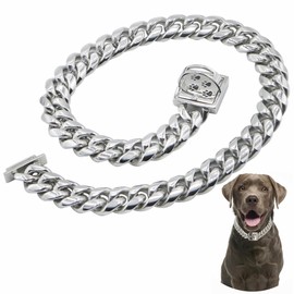QICHENMAO Stainless Steel Dog Chain Collar Heavy Duty 15MM Silver/Gold Cuban Chain Walking Training Collars with Secure Buckle Design, Chew Proof, Suitable for Small Medium Large Dogs (16'', Silver)
