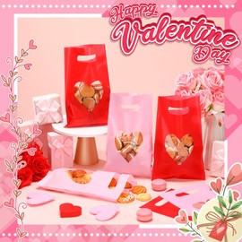 GliCraft 100 PCS Valentine's Day Gift Bag with Handle 9.84''x 6.5'' Small Plastic Bags with Heart Shaped Window Valentines Party Favors Bags for Gifts Wrapping Wedding Party Supplies Decoration