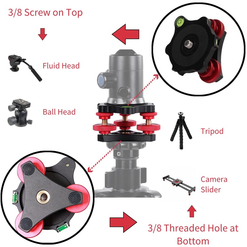 Tripod Leveling Base, LP‑64 Camera Leveler, 5° Horizontal Adjustment Aluminum