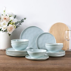 LERATIO Ceramic Dinnerware Sets for 6,Porcelain Plates and Bowls Sets with Wavy Edge,Microwave & Dishwasher & Oven Safe,Light Weight & Scratch Resistant Dishes Sets-Light Blue(18pcs)