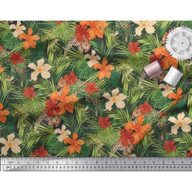 Soimoi Orange Viscose Chiffon Fabric Floral & Leaves Tropical Printed Fabric 1 Yard 42 Inch Wide