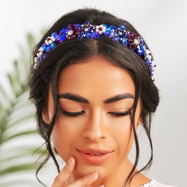 Formery Sparkly Blue Rhinestone Headband Crystal Flower Bridal Hairband Wedding Party Prom Handmade Rhinestones Bride Headpiece Hair Accessories for Women and Girls